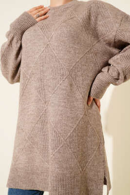 Baklava Kabartma Yumoş Triko Tunik Vizon - Tunik