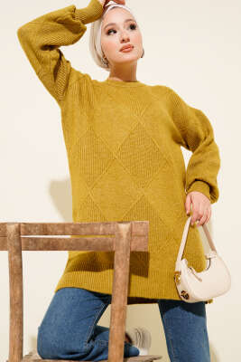 Baklava Kabartma Yumoş Triko Tunik Yağ Yeşili - NESSİA