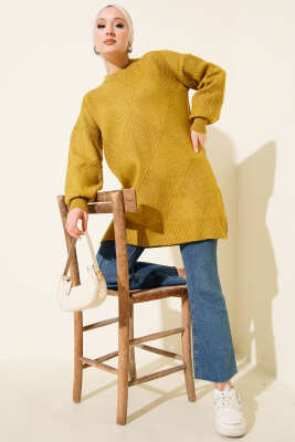 Baklava Kabartma Yumoş Triko Tunik Yağ Yeşili - Tunik