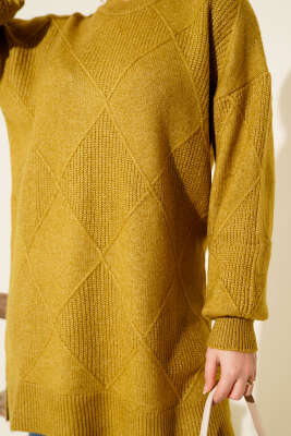 Baklava Kabartma Yumoş Triko Tunik Yağ Yeşili - Tunik