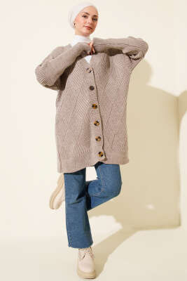 Baklava Kabartmalı Düğmeli Triko Hırka Bej - Hırka