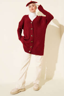 Baklava Kabartmalı Düğmeli Triko Hırka Bordo - Hırka