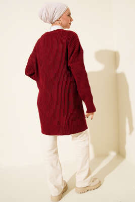 Baklava Kabartmalı Düğmeli Triko Hırka Bordo - Hırka