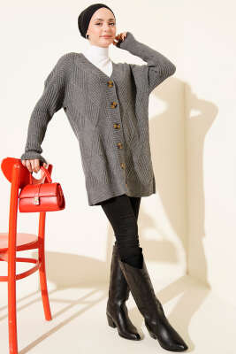 Baklava Kabartmalı Düğmeli Triko Hırka Füme - Hırka