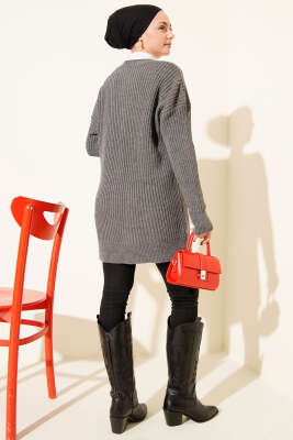 Baklava Kabartmalı Düğmeli Triko Hırka Füme - Hırka