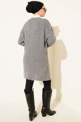 Baklava Kabartmalı Düğmeli Triko Hırka Gri - Hırka