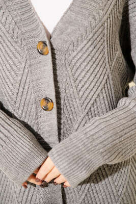 Baklava Kabartmalı Düğmeli Triko Hırka Gri - Hırka