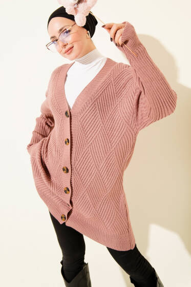 Baklava Kabartmalı Düğmeli Triko Hırka Gül Kurusu - Hırka