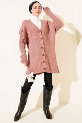 Baklava Kabartmalı Düğmeli Triko Hırka Gül Kurusu - Hırka