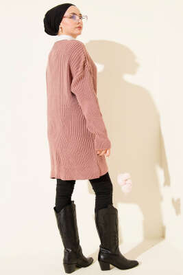 Baklava Kabartmalı Düğmeli Triko Hırka Gül Kurusu - Hırka