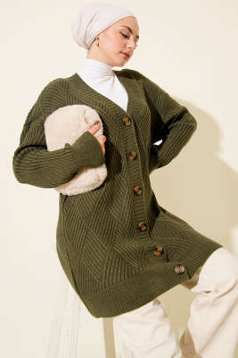 Baklava Kabartmalı Düğmeli Triko Hırka Haki - RAFİMİX