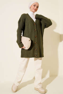 Baklava Kabartmalı Düğmeli Triko Hırka Haki - Hırka