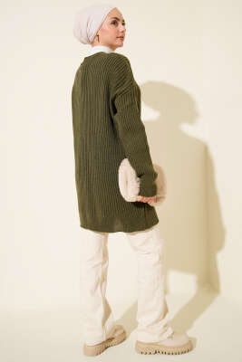 Baklava Kabartmalı Düğmeli Triko Hırka Haki - Hırka