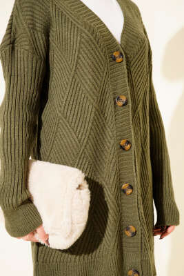 Baklava Kabartmalı Düğmeli Triko Hırka Haki - Hırka