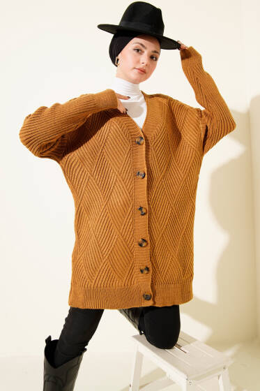 Baklava Kabartmalı Düğmeli Triko Hırka Hardal - Hırka