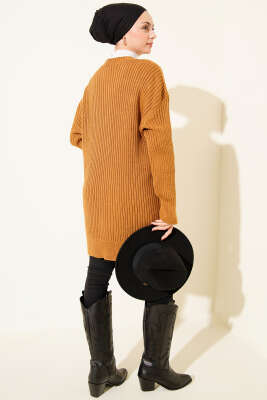 Baklava Kabartmalı Düğmeli Triko Hırka Hardal - Hırka