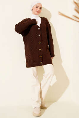 Baklava Kabartmalı Düğmeli Triko Hırka Kahve - Hırka