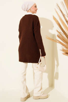 Baklava Kabartmalı Düğmeli Triko Hırka Kahve - Hırka