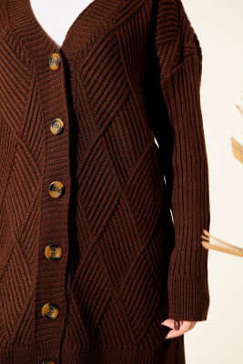 Baklava Kabartmalı Düğmeli Triko Hırka Kahve - Hırka