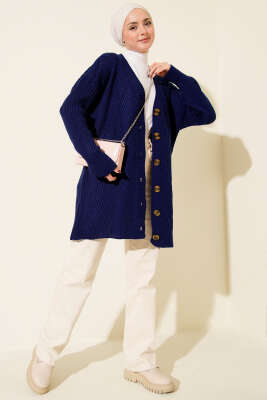 Baklava Kabartmalı Düğmeli Triko Hırka Lacivert - Hırka