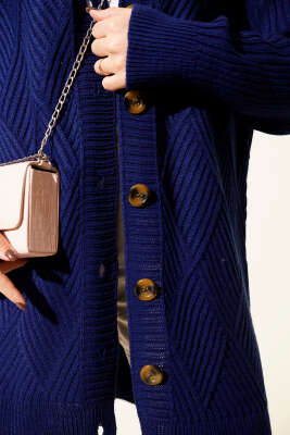 Baklava Kabartmalı Düğmeli Triko Hırka Lacivert - Hırka