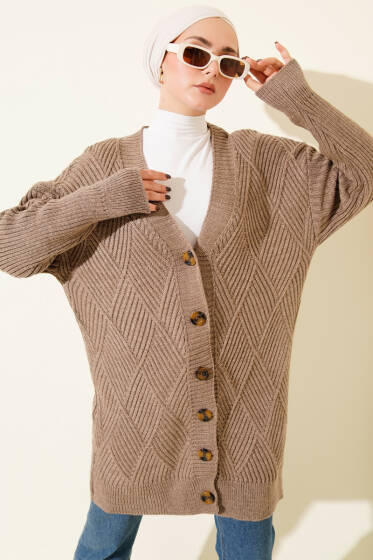 Baklava Kabartmalı Düğmeli Triko Hırka Latte - Hırka