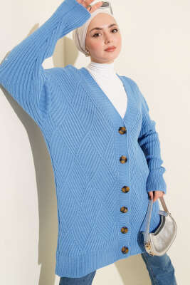 Baklava Kabartmalı Düğmeli Triko Hırka Mavi - RAFİMİX
