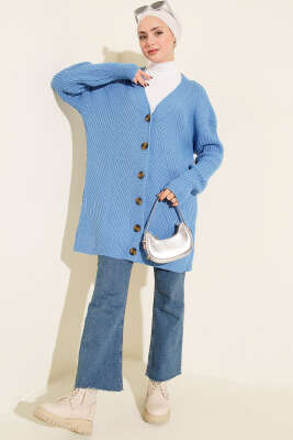 Baklava Kabartmalı Düğmeli Triko Hırka Mavi - Hırka