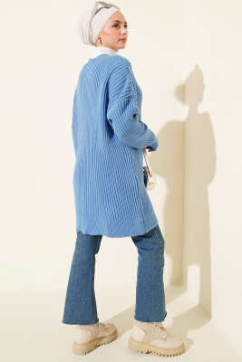 Baklava Kabartmalı Düğmeli Triko Hırka Mavi - Hırka