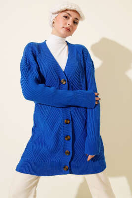 Baklava Kabartmalı Düğmeli Triko Hırka Saks - RAFİMİX