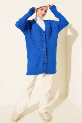 Baklava Kabartmalı Düğmeli Triko Hırka Saks - Hırka