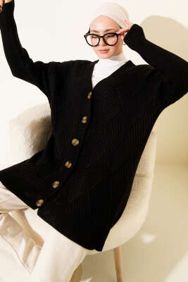 Baklava Kabartmalı Düğmeli Triko Hırka Siyah - RAFİMİX