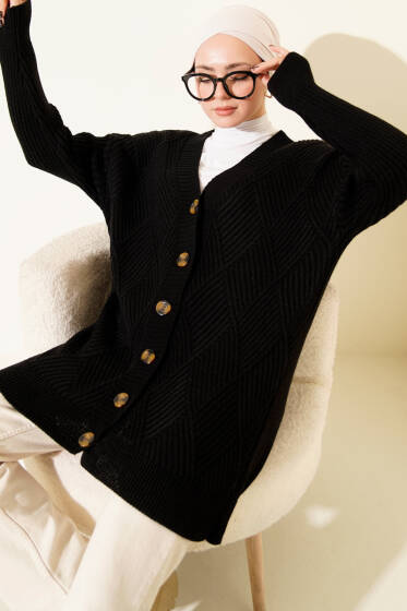 Baklava Kabartmalı Düğmeli Triko Hırka Siyah - Hırka