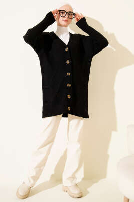 Baklava Kabartmalı Düğmeli Triko Hırka Siyah - Hırka