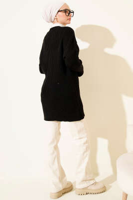 Baklava Kabartmalı Düğmeli Triko Hırka Siyah - Hırka