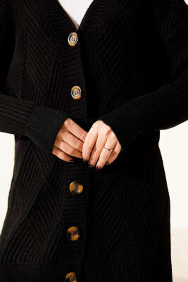 Baklava Kabartmalı Düğmeli Triko Hırka Siyah - Hırka