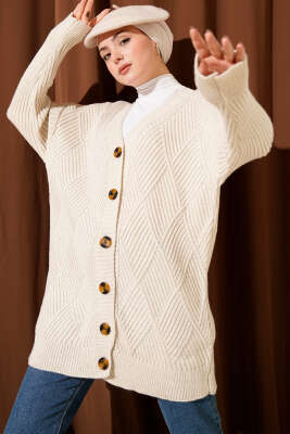 Baklava Kabartmalı Düğmeli Triko Hırka Taş - RAFİMİX