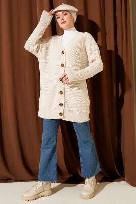 Baklava Kabartmalı Düğmeli Triko Hırka Taş - Hırka