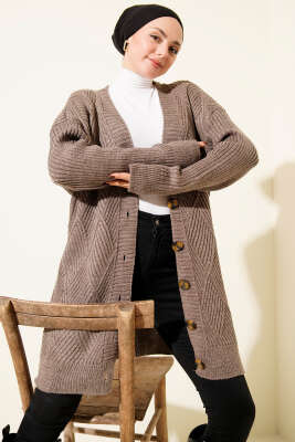 Baklava Kabartmalı Düğmeli Triko Hırka Vizon - RAFİMİX