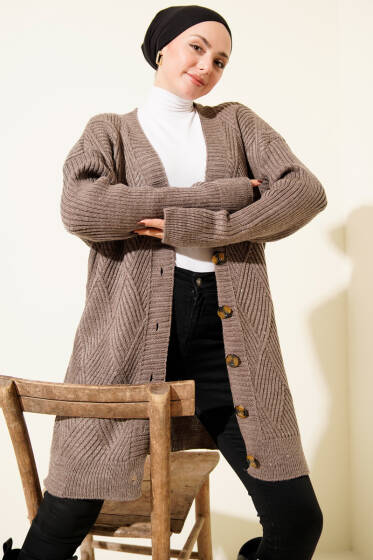 Baklava Kabartmalı Düğmeli Triko Hırka Vizon - Hırka