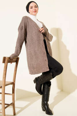 Baklava Kabartmalı Düğmeli Triko Hırka Vizon - Hırka