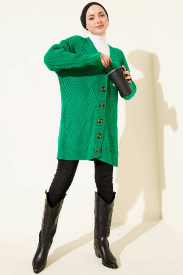 Baklava Kabartmalı Düğmeli Triko Hırka Yeşil - Hırka