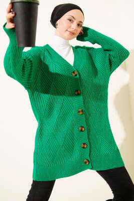 Baklava Kabartmalı Düğmeli Triko Hırka Yeşil - Hırka