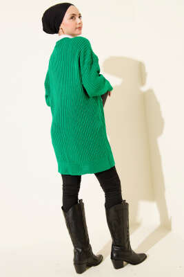 Baklava Kabartmalı Düğmeli Triko Hırka Yeşil - Hırka