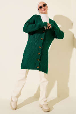 Baklava Kabartmalı Düğmeli Triko Hırka Zümrüt - Hırka