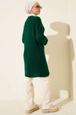 Baklava Kabartmalı Düğmeli Triko Hırka Zümrüt - Hırka