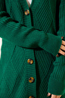 Baklava Kabartmalı Düğmeli Triko Hırka Zümrüt - Hırka