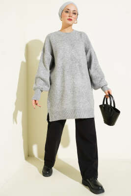 Baklava Kabartmalı Yumoş Triko Tunik Gri - Tunik