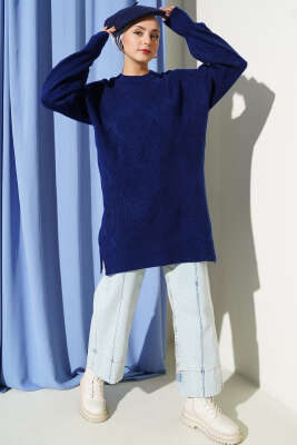 Baklava Kabartmalı Yumoş Triko Tunik Lacivert - Tunik