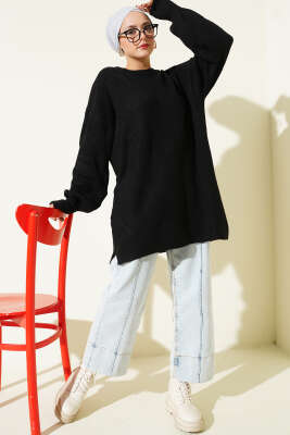 Baklava Kabartmalı Yumoş Triko Tunik Siyah - Tunik